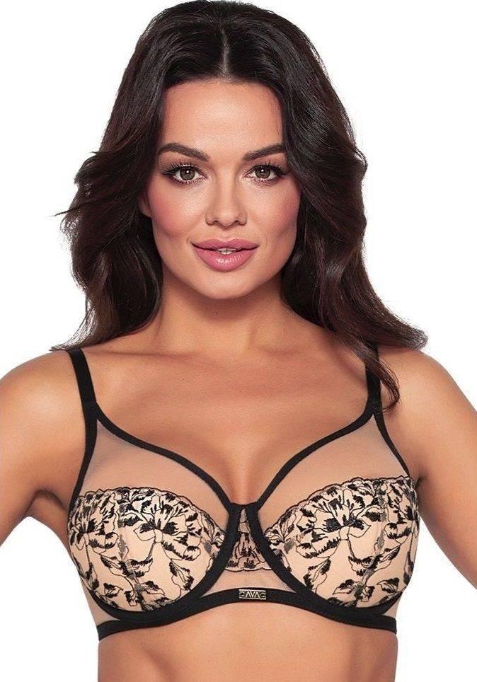 Бюстгальтер +size с шитыми чашками на косточках и контрастной вышивкой AVA