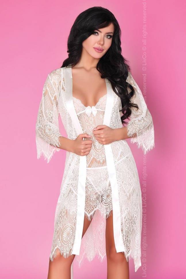 Ажурный комплект Reve Blanc: пеньюар, сорочка, трусики-стринги Livia Corsetti
