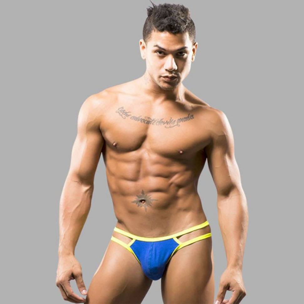 Синие мужские трусы-стринги с двойными бретелями Romeo Rossi